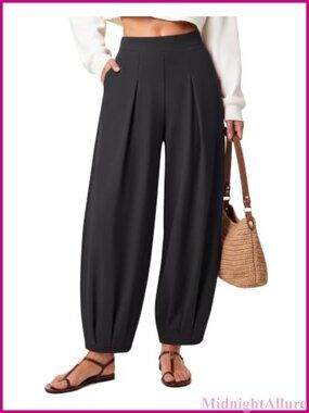 Evergoing Pleated Harem Pants Women Ankle Length Elastic Waist Pull On